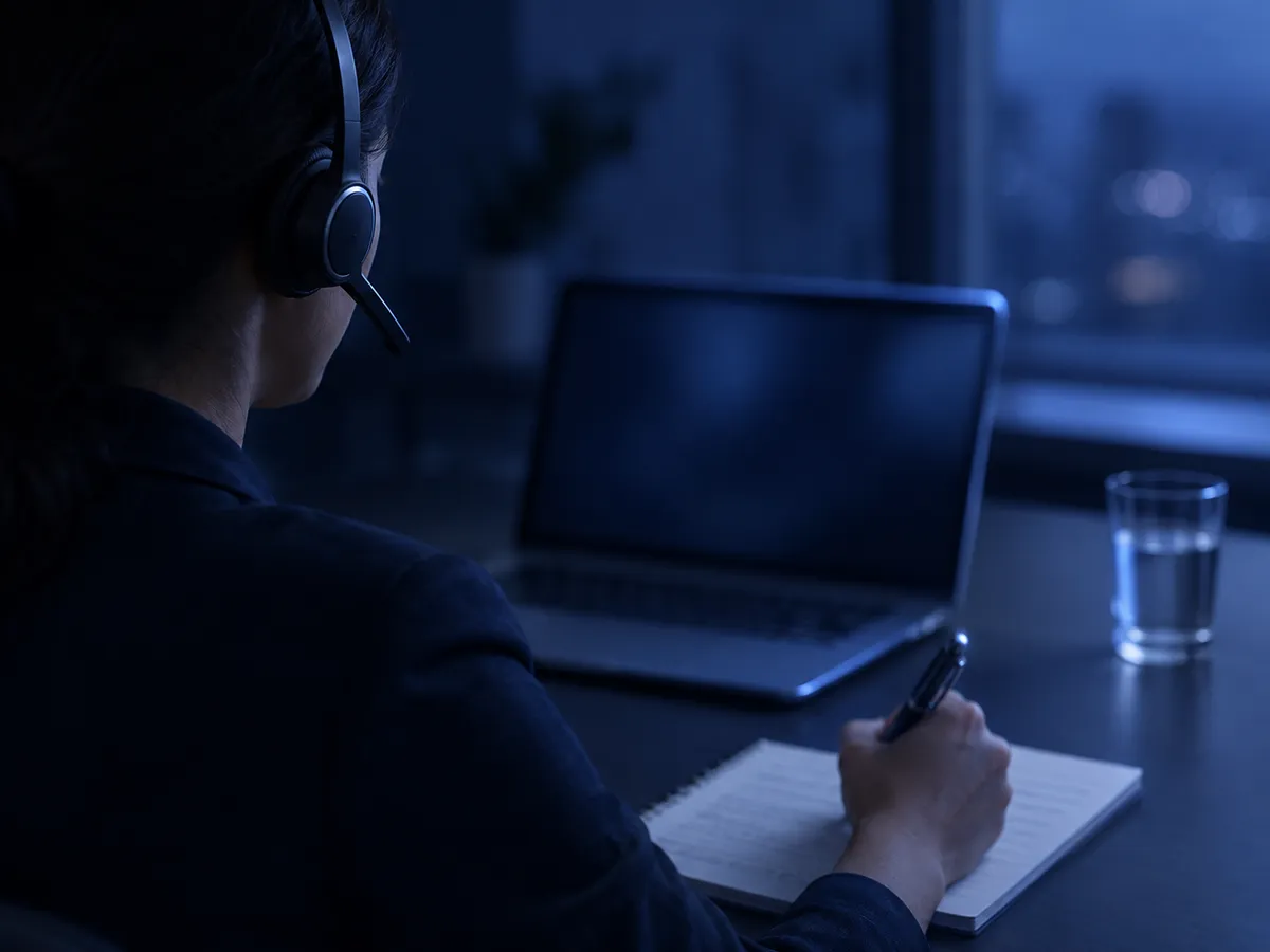 A researcher wearing a headset takes handwritten notes during an interview call.